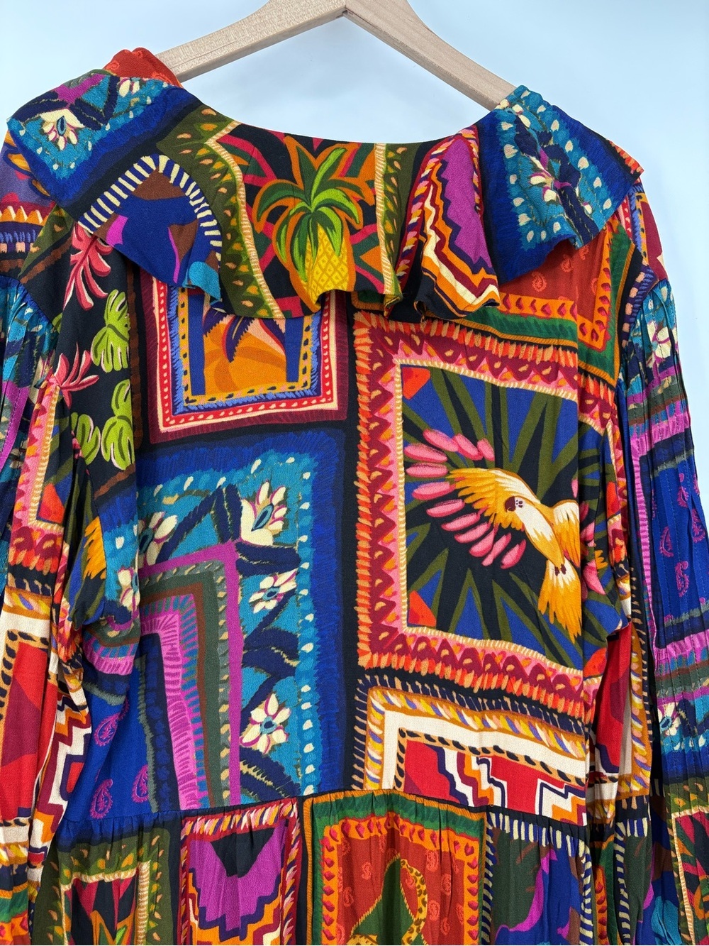 Farm Rio Patchwork Tapestry Ankle Maxi Dress Size L Ruffle Boho - Picture 16 of 16